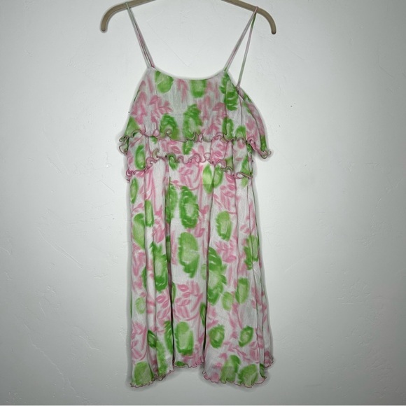NWT Ganni Pleated Georgette Mini Dress Green Pink Floral Size 34/2 Wedding Guest - Picture 2 of 13